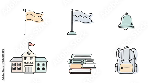 School icons: A collection of school icons featuring a flag, school building, stacked books, bell and backpack, perfect for educational design and projects.