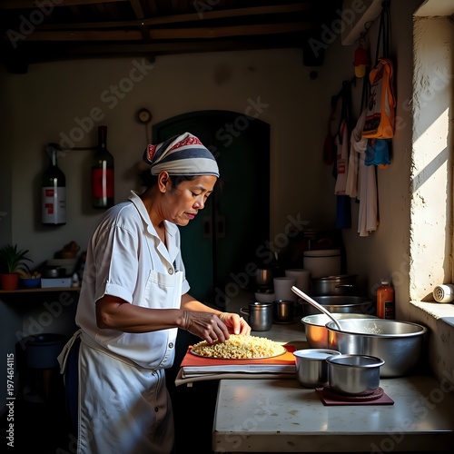 Woman Preparing Food in a Rustic Kitchen