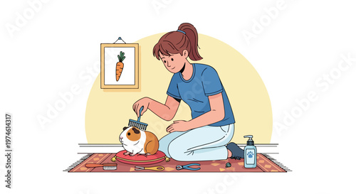 A girl kneels on a rug to gently brush the fur of her pet guinea pig at home