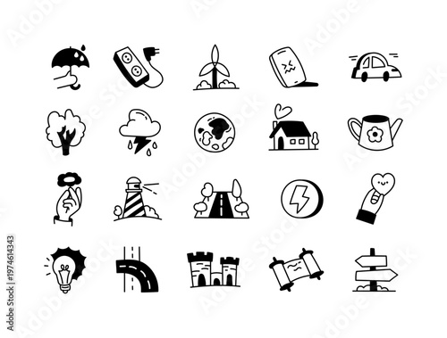 Ecology icon set in blackout style featuring environmental protection energy sustainability weather transport household objects renewable resources care symbols navigation