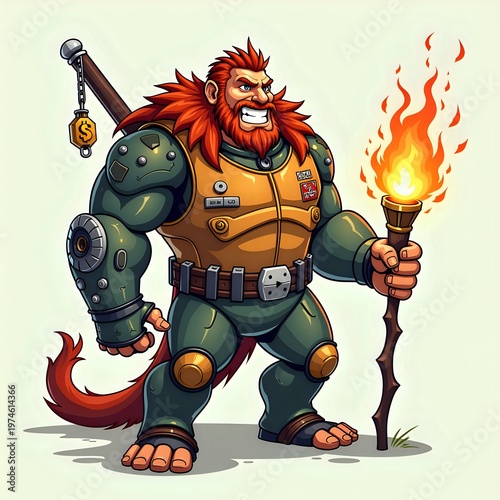Fantasy Character Miner with Torch and Gear