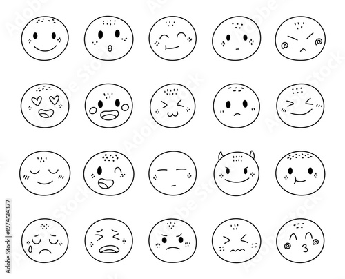Emotion set in outline line art featuring cute character featuring smile surprise satisfaction neutral anger love joy adorable sadness embarrassment calm