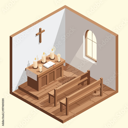Isometric view of a small chapel interior with an altar, candles, and wooden pews