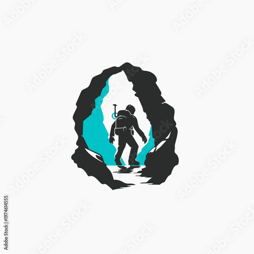 Adventurer with backpack exploring a dark cave entrance with bright light inside, symbolizing discovery and underground journey.