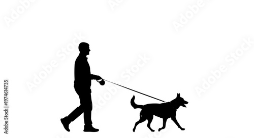 Silhouette of a man walking his dog on a leash against a white background