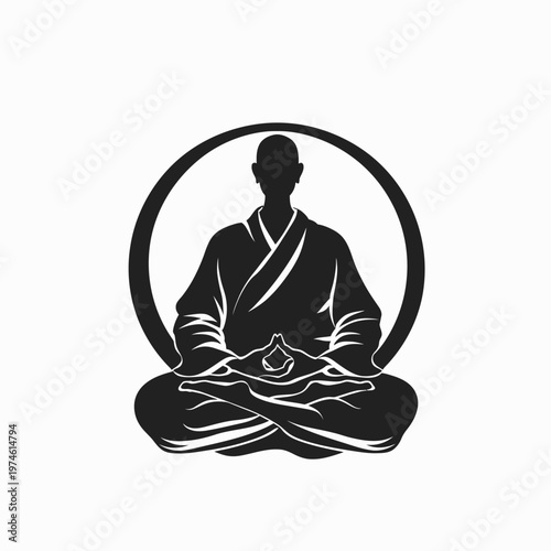 Meditating silhouette in lotus pose within a circular frame. Serene spiritual practice, mindfulness, yoga, and inner peace vector graphic.