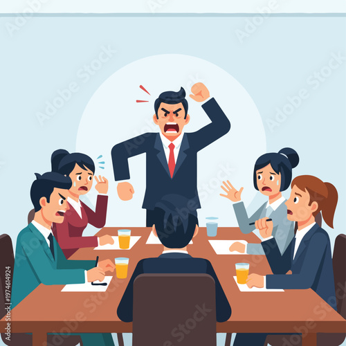 An angry boss yells at his fearful employees during a tense office meeting (1)