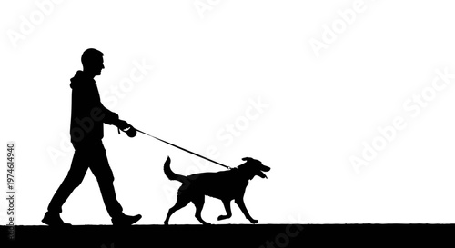 Silhouette of a man walking his dog on a leash against a white background