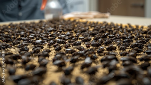Detailed view of numerous dead flies on sticky trap, insects densely packed, demonstrating indoor pest control technique.