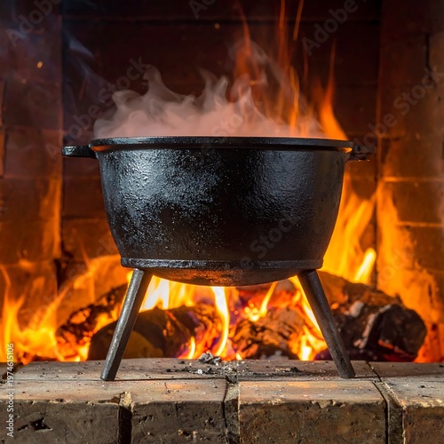A rustic, cast-iron cooking pot, supported by a tripod, sits over a blazing fire in a brick fireplace, steam rising