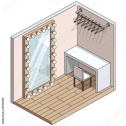 An isometric illustration of a professional backstage dressing room with lights