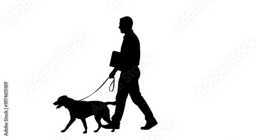 Silhouette of a man walking his dog on a leash in a park, outdoor activity, companionship
