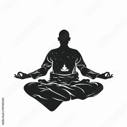 Meditating figure silhouette with cosmic internal universe and peaceful meditating figure in lotus pose