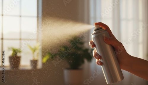 Human hand holding silver aerosol spray can and releasing fine mist into air of modern living room with soft sunlight