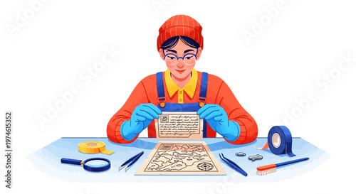 Person meticulously examining historical document with magnifying glass and tools.