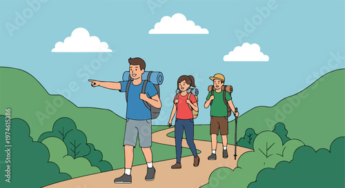 Three cartoon hikers trekking along a winding path through green rolling hills