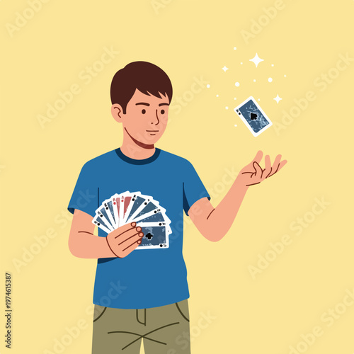 A young man in a blue shirt holds a deck and levitates a playing card