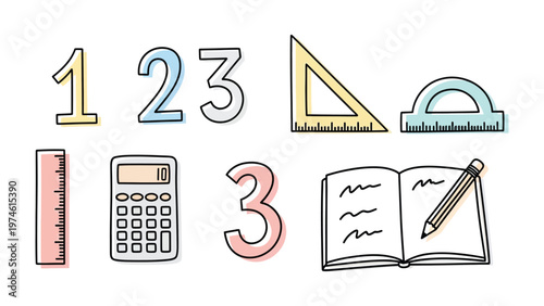 Mathematics Education Essentials: Illustrated with colorful numbers, ruler, protractor, calculator, geometry tool, a pencil, and an open book symbolizing the core elements of education. 