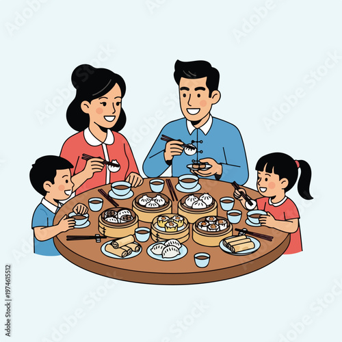 A family sits around a round table enjoying a shared meal of traditional dim sum