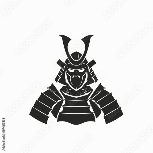 Powerful Japanese Samurai Warrior Helmet and Armor Silhouette Icon. Traditional Asian Military Symbol.