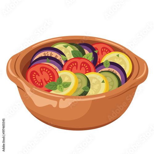 A clay pot filled with sliced layers of eggplant, zucchini, and fresh tomatoes