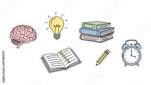 Intellectual Inspiration: A collection of educational elements symbolizing knowledge, creativity, and the pursuit of wisdom.