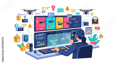 Person operating advanced control center with drones and data visualization.