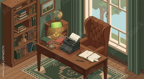 A vintage isometric study room featuring a typewriter on a wooden writing desk