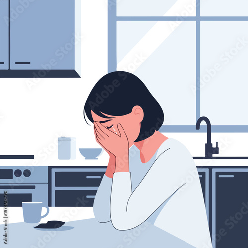 A sad woman sitting at a kitchen table covering her face with her hands crying