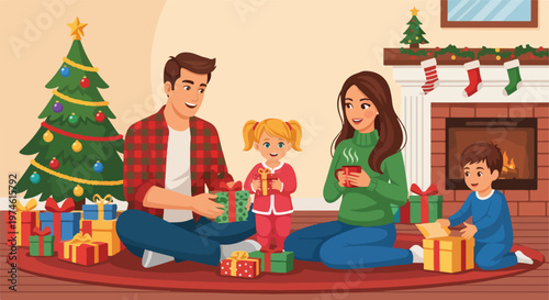 A happy family opening colorful Christmas presents together near the fireplace