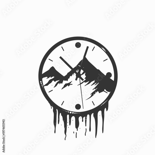 Abstract black and white illustration of a melting clock with mountains inside, symbolizing the passage of time and environmental change.