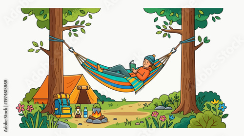 Person Relaxing in Hammock Reading Book Outdoors.