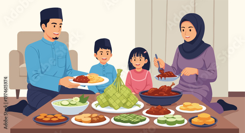 A happy Muslim family sitting together at home eating a traditional feast