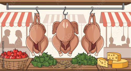Three raw chickens hang above a market stall with fruit, vegetables, and cheese