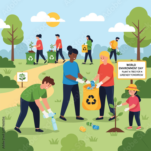 People volunteering to clean up a park, plant trees, and recycle waste outdoors