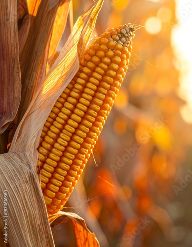 A ripe cob of corn gleams in the golden light. Kernels are meticulously aligned, captured in an outdoor setting at dusk