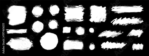 White brush paint strokes. Chalk texture text box frames. Label tags border lines. Vector Japanese calligraphy acrylic brushstrokes. Grunge smear smudge ellipses. Round and oval shape splatter badges
