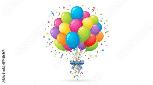 Colorful balloons tied with ribbon.