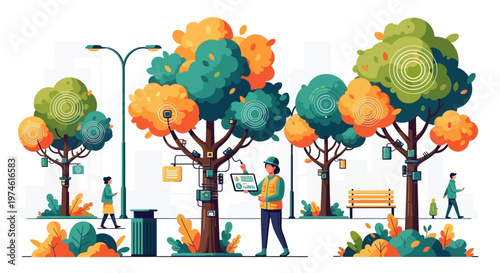 Person using tablet in a park setting.