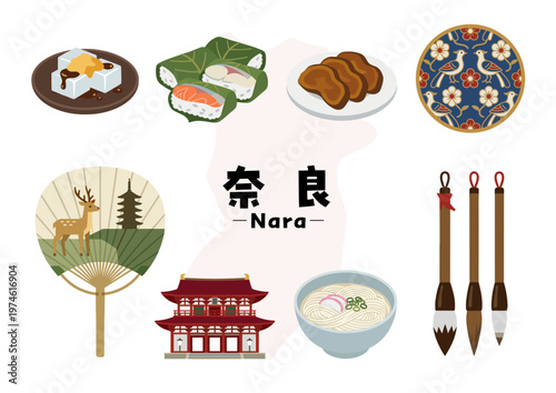 奈良県の文化・伝統・グルメアイコンセット（平城宮跡・奈良うちわ・柿の葉寿司・奈良漬・三輪そうめん・わらび餅）