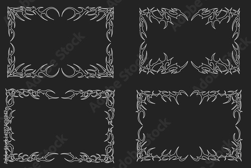 Neo tribal frame set with cyber sigilism, gothic Y2K style, sharp thorn spikes forming sphere and rectangular shapes, suitable for t-shirt, tattoo, poster, logo, and background designs.