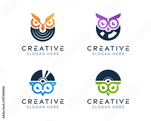 Set of music owl logo design templates. Modern isolated owl with vinyl record design for music, knowledge, and audio.