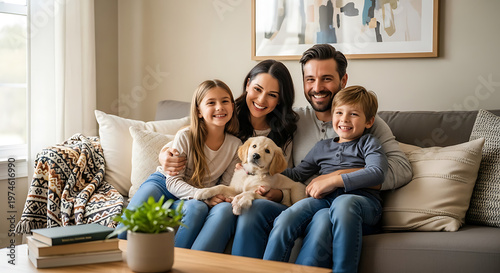 A happy, smiling family with their golden retriever puppy sitting together on a comfortable couch in a bright living room, enjoying quality time