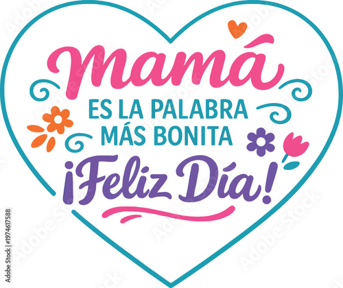 Mama es la palabra mas bonita feliz dia quote, Spanish mothers day design, mom love typography, heart frame vector, floral decorative lettering, greeting card design, printable poster artwork