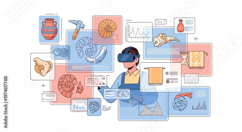 Person Wearing VR Headset Interacting with Digital Museum Exhibits.