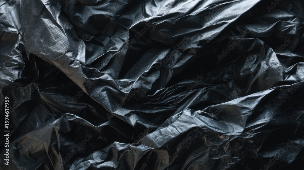 Obraz premium Black plastic texture background with deep folds and wrinkles. Synthetic material surface with light reflection. Dark abstract industrial pattern for creative design and backdrop.
