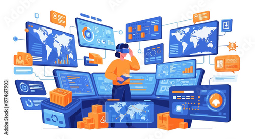 Person wearing VR headset interacting with futuristic data visualization screens.