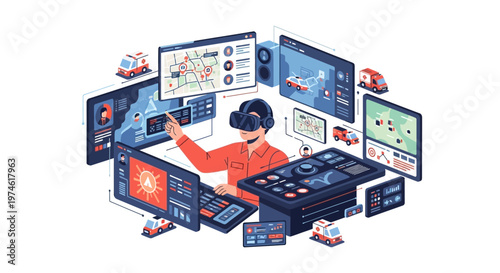 Person wearing VR headset interacting with futuristic digital interface.