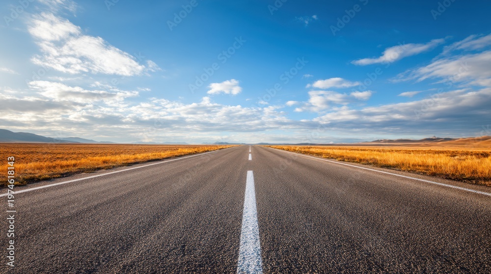 Fototapeta premium Empty straight asphalt road stretching to horizon through rural area. Landscape with golden grass field under blue cloudy sky. Concept of future journey, travel, freedom and new beginning.
