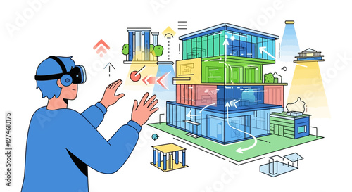 Person wearing VR headset interacting with futuristic digital city architecture.